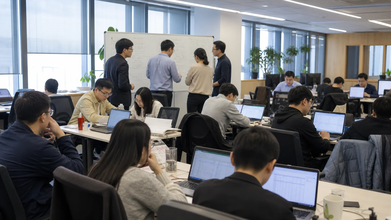 开放办公区内多人协作开展行业数据治理工作
